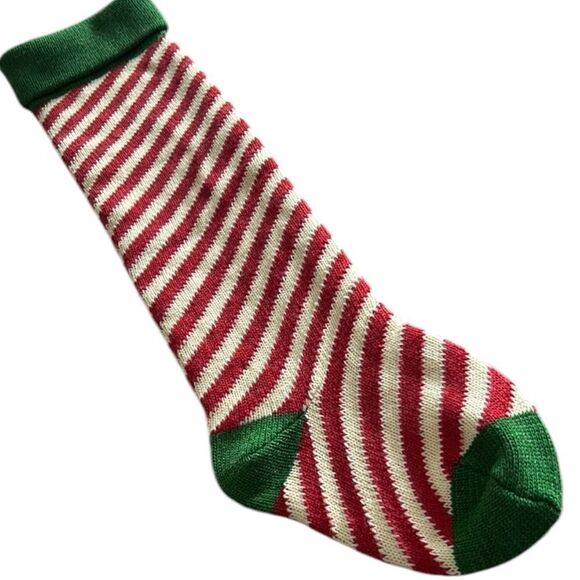 Long, huge Christmas stocking knitted striped, red and white with green trim - Picture 1 of 5